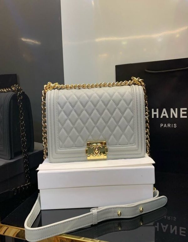 Chanel Old White Caviar Chevron Boy Bag | Chicly Hub