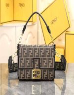 Fendi Brown FF Logo Jacquard Fabric Baguette Bag | Chicly Hub