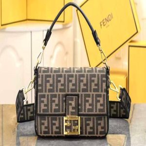 Fendi Brown FF Logo Jacquard Fabric Baguette Bag | Chicly Hub