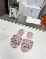 Dior Light Pink Fabric Dway Logo Embroidered Flat Slides | Chicly Hub