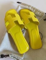 HERMES Epsom Oran Sandals 37.5 Jaune Pollen for women | Chicly Hub