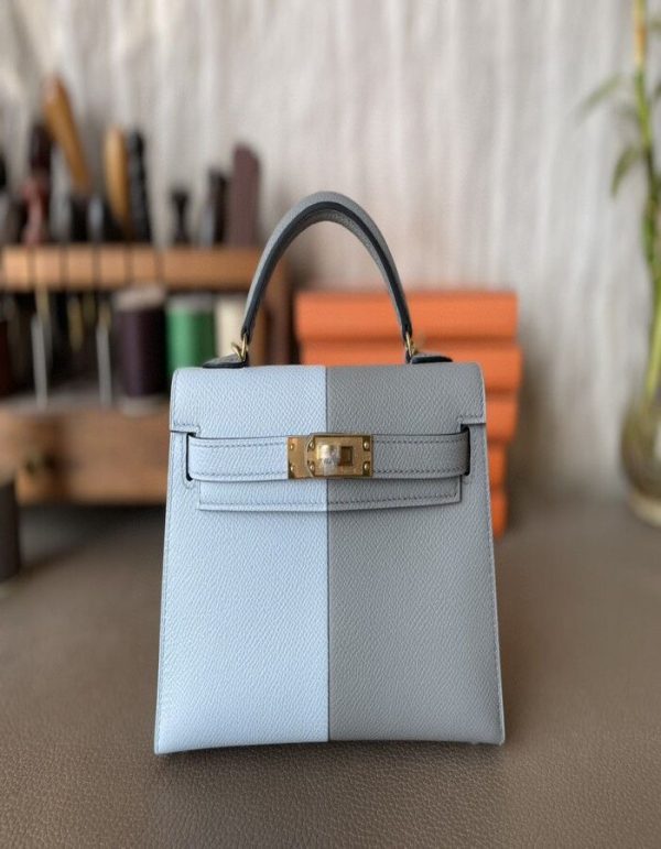 Mini Kelly Epsom Light Blue & Gull grey Gold Hardware | Chicly Hub